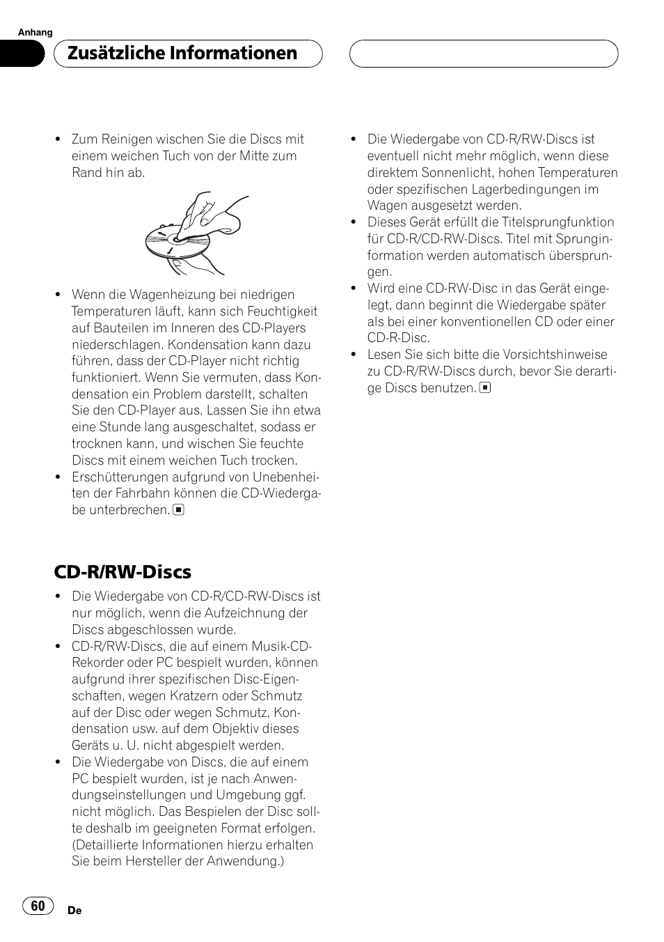 Cd-r/rw-discs 60, Cd-r/rw-discs, Zusätzliche informationen | Pioneer DEH-1630R User Manual | Page 60 / 125