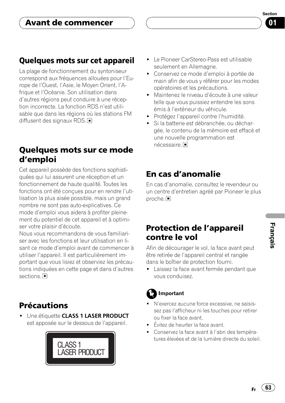 Quelques mots sur cet appareil, Quelques mots sur ce mode demploi, Précautions | En cas danomalie, Protection de lappareil contre le vol, Avant de commencer, Class 1 laser product | Pioneer DEH-1630R User Manual | Page 63 / 125