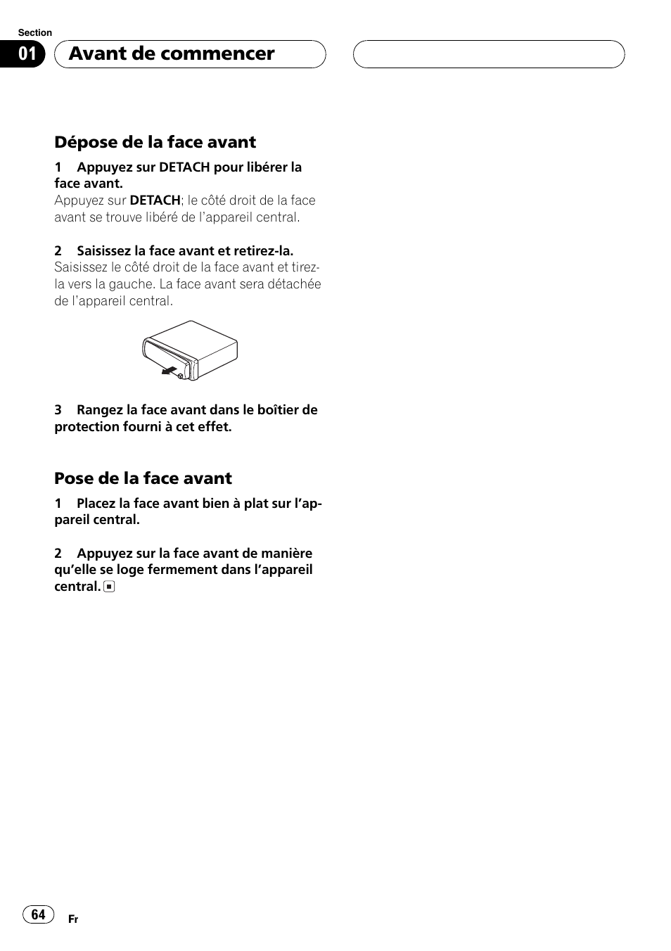 Dépose de la face avant 64, Pose de la face avant 64, Avant de commencer | Pioneer DEH-1630R User Manual | Page 64 / 125