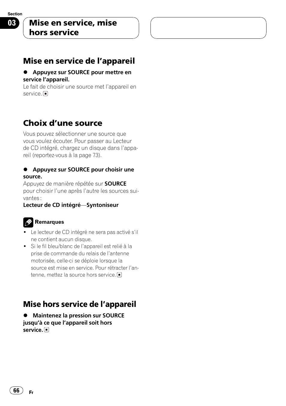Mise en service de lappareil, Choix dune source, Mise hors service de lappareil | Mise en service, mise hors service | Pioneer DEH-1630R User Manual | Page 66 / 125