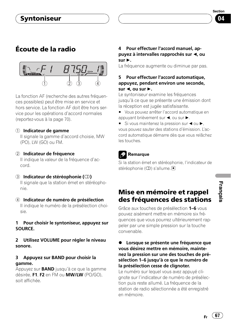 Des stations 67, Écoute de la radio, Syntoniseur | Pioneer DEH-1630R User Manual | Page 67 / 125