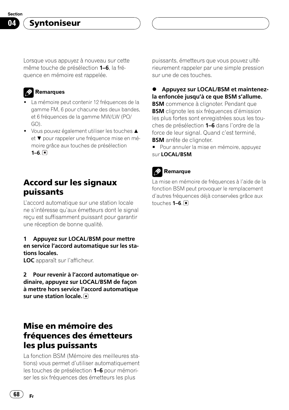 Émetteurs les plus puissants 68, Accord sur les signaux puissants, Syntoniseur | Pioneer DEH-1630R User Manual | Page 68 / 125