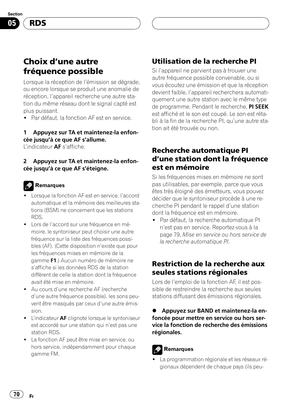 Choix dune autre fréquence possible 70, Utilisation de la recherche pi 70, Recherche automatique pi dune | Station dont la fréquence est en mémoire 70, Restriction de la recherche aux seules, Stations régionales 70, Choix dune autre fréquence possible, Utilisation de la recherche pi | Pioneer DEH-1630R User Manual | Page 70 / 125