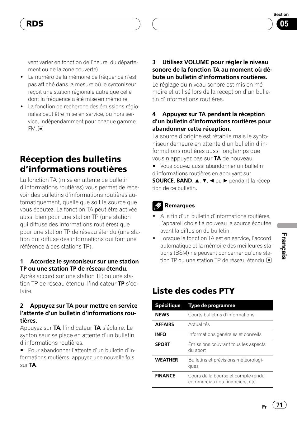 Réception des bulletins dinformations, Routières 71, Liste des codes pty 71 | Réception des bulletins dinformations routières, Liste des codes pty | Pioneer DEH-1630R User Manual | Page 71 / 125
