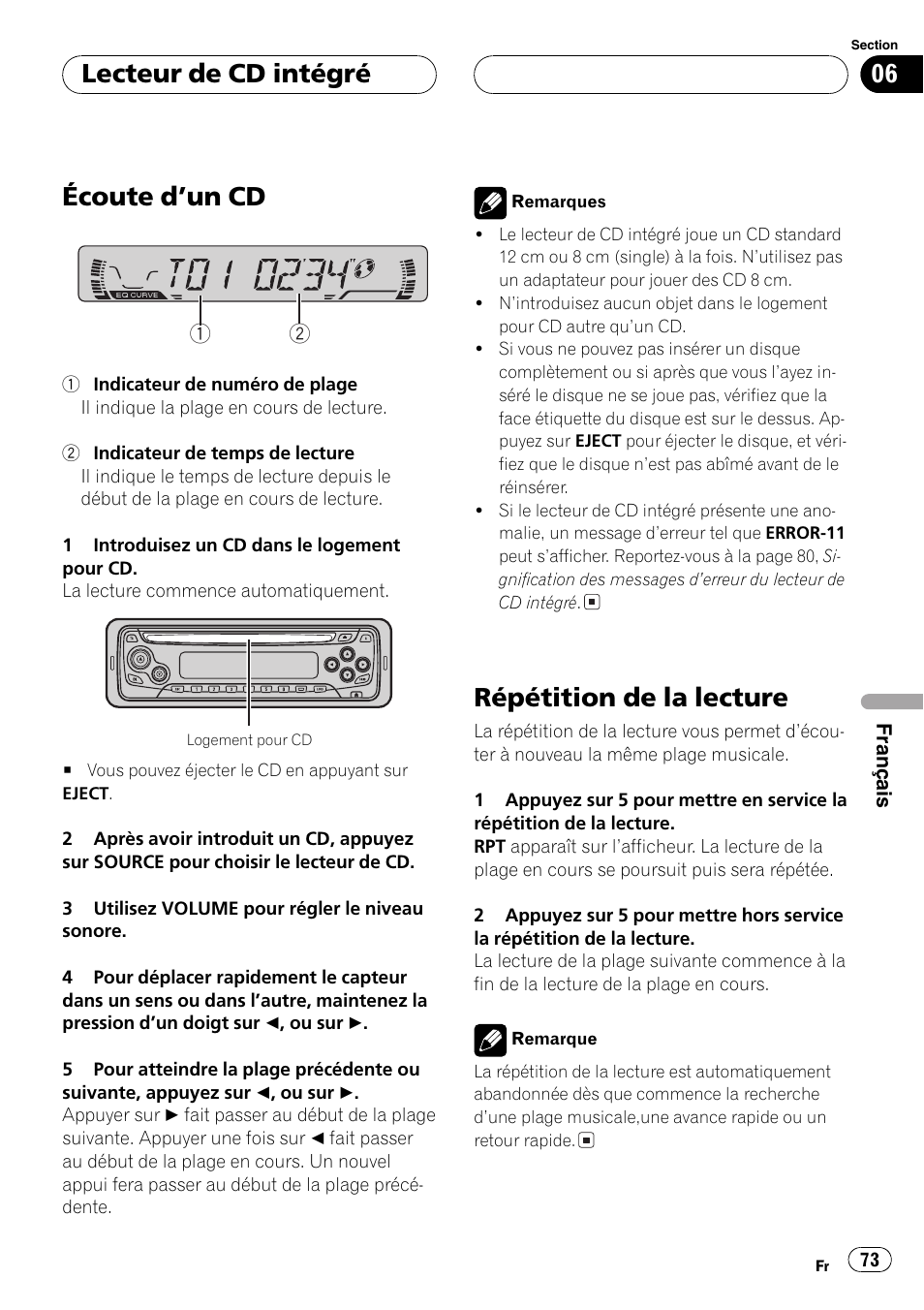 Écoute dun cd, Répétition de la lecture, Lecteur de cd intégré | Pioneer DEH-1630R User Manual | Page 73 / 125