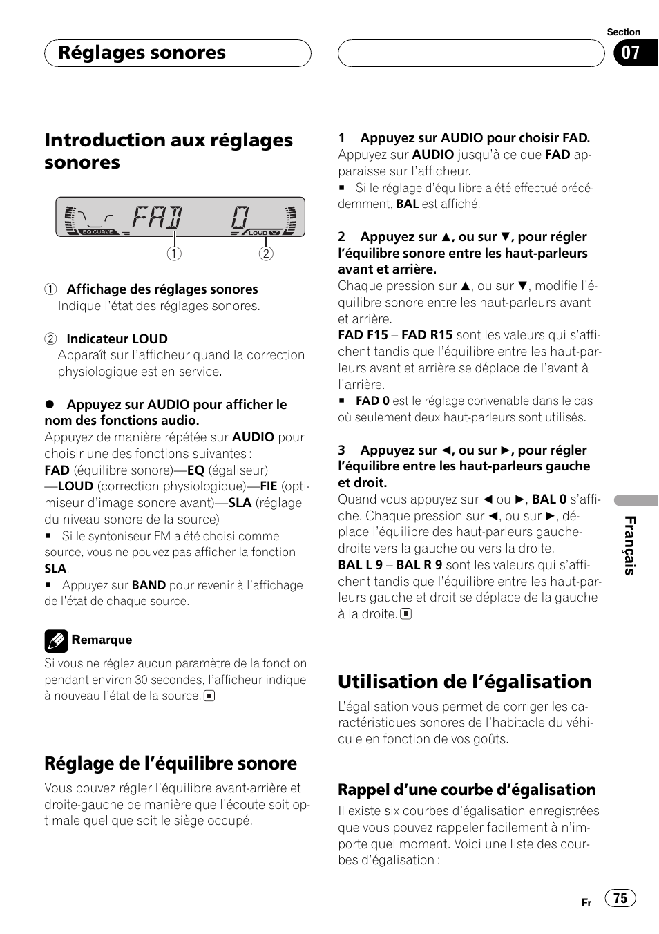 Rappel dune courbe, Dégalisation 75, Introduction aux réglages sonores | Réglage de léquilibre sonore, Utilisation de légalisation, Réglages sonores | Pioneer DEH-1630R User Manual | Page 75 / 125
