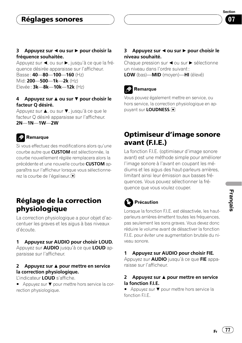 Réglage de la correction physiologique, Optimiseur dimage sonore avant (f.i.e.), Réglages sonores | Pioneer DEH-1630R User Manual | Page 77 / 125