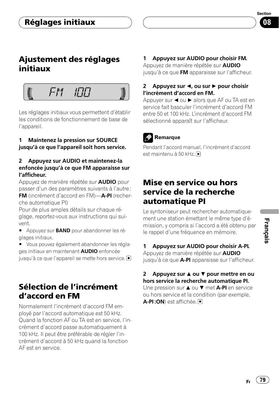 Recherche automatique pi 79, Ajustement des réglages initiaux, Sélection de lincrément daccord en fm | Réglages initiaux | Pioneer DEH-1630R User Manual | Page 79 / 125