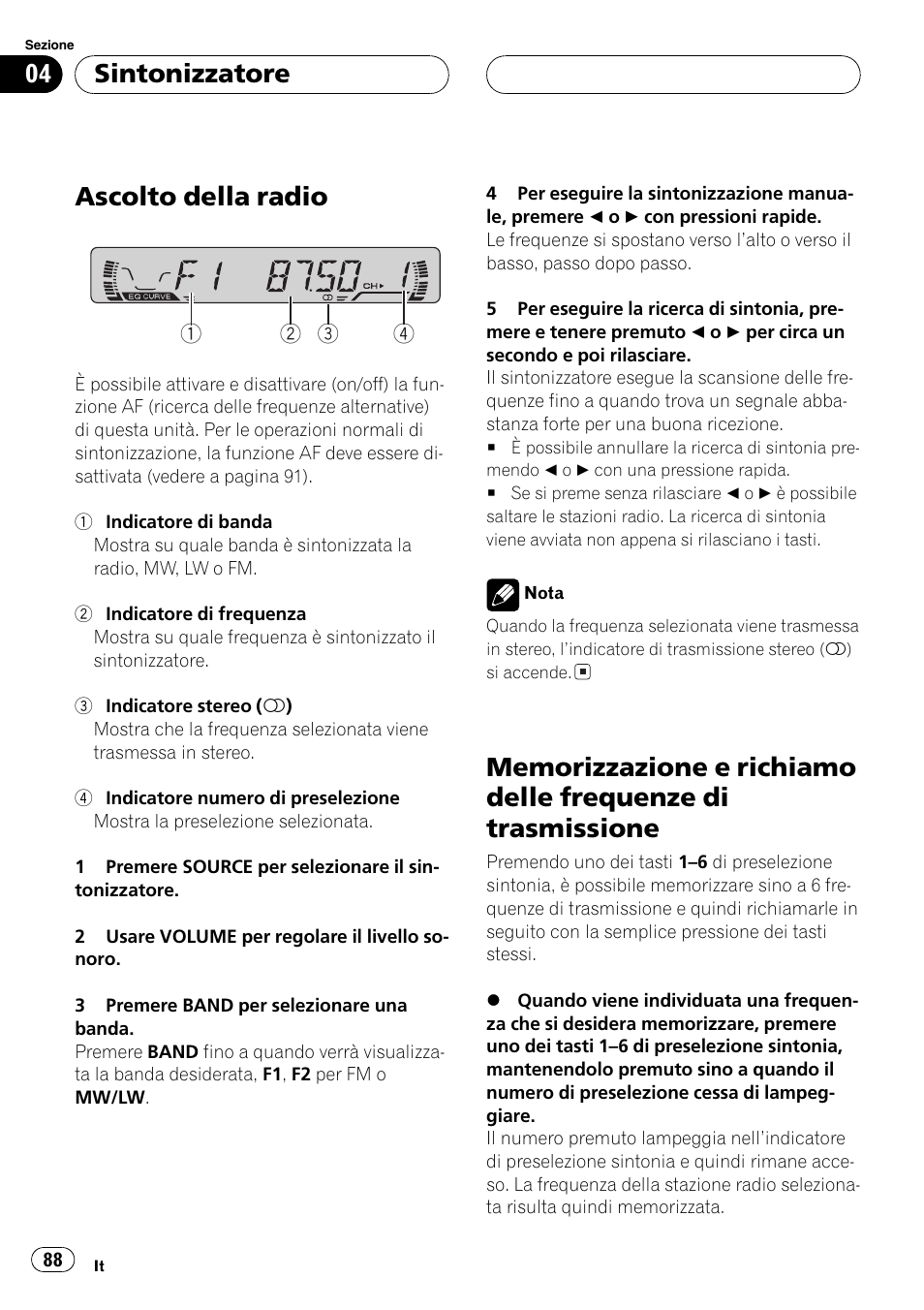 Di trasmissione 88, Ascolto della radio, Sintonizzatore | Pioneer DEH-1630R User Manual | Page 88 / 125