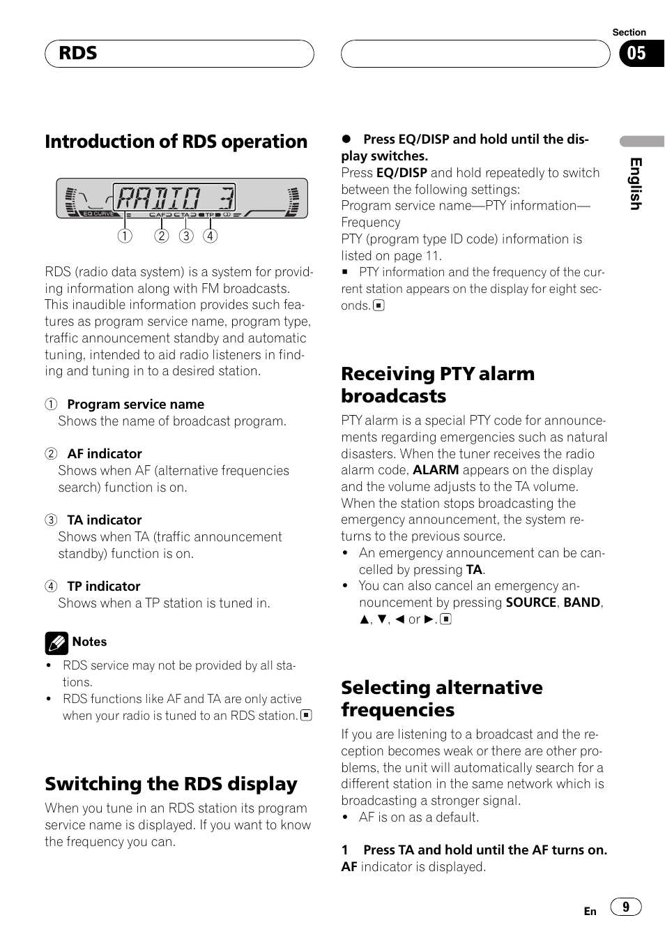 Introduction of rds operation, Switching the rds display, Receiving pty alarm broadcasts | Selecting alternative frequencies | Pioneer DEH-1630R User Manual | Page 9 / 125