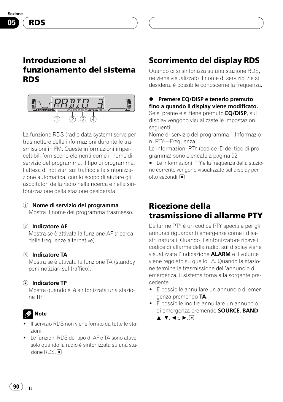 Rds introduzione al funzionamento del sistema, Rds 90, Pty 90 | Introduzione al funzionamento del sistema rds, Scorrimento del display rds, Ricezione della trasmissione di allarme pty | Pioneer DEH-1630R User Manual | Page 90 / 125