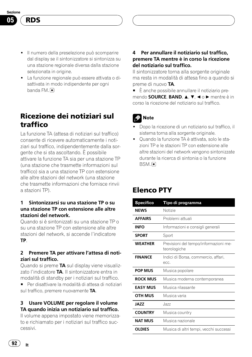 Ricezione dei notiziari sul traffico, Elenco pty | Pioneer DEH-1630R User Manual | Page 92 / 125