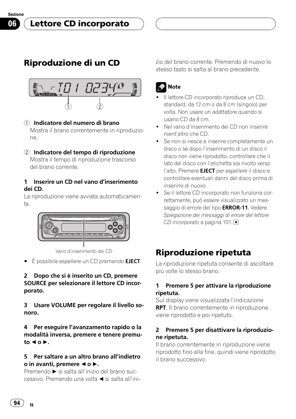 Riproduzione di un cd, Riproduzione ripetuta, Lettore cd incorporato | Pioneer DEH-1630R User Manual | Page 94 / 125