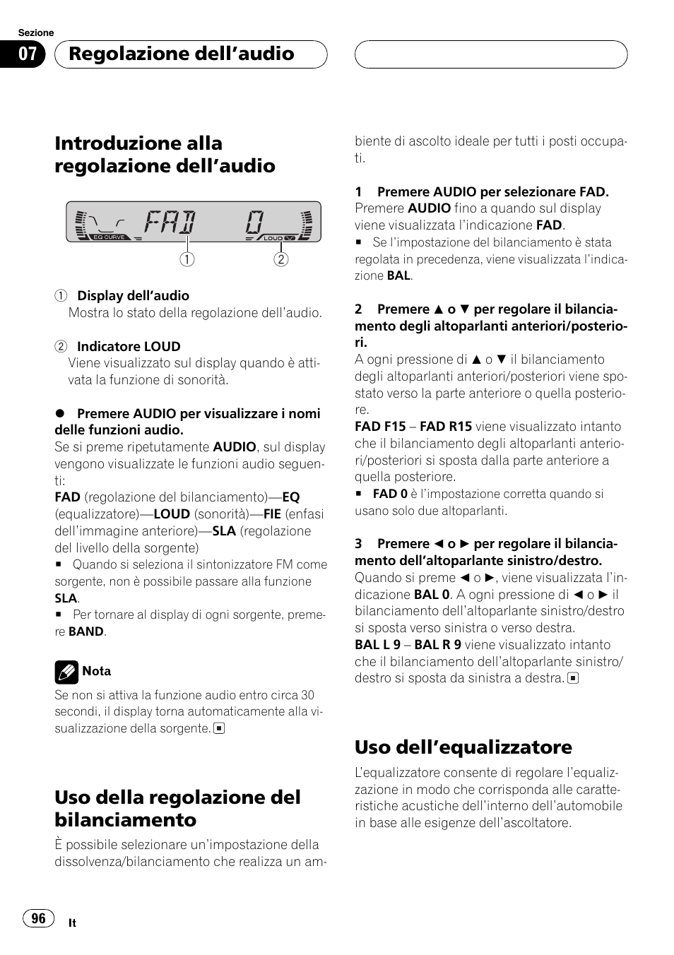 Introduzione alla regolazione dellaudio, Uso della regolazione del bilanciamento, Uso dellequalizzatore | Regolazione dellaudio | Pioneer DEH-1630R User Manual | Page 96 / 125