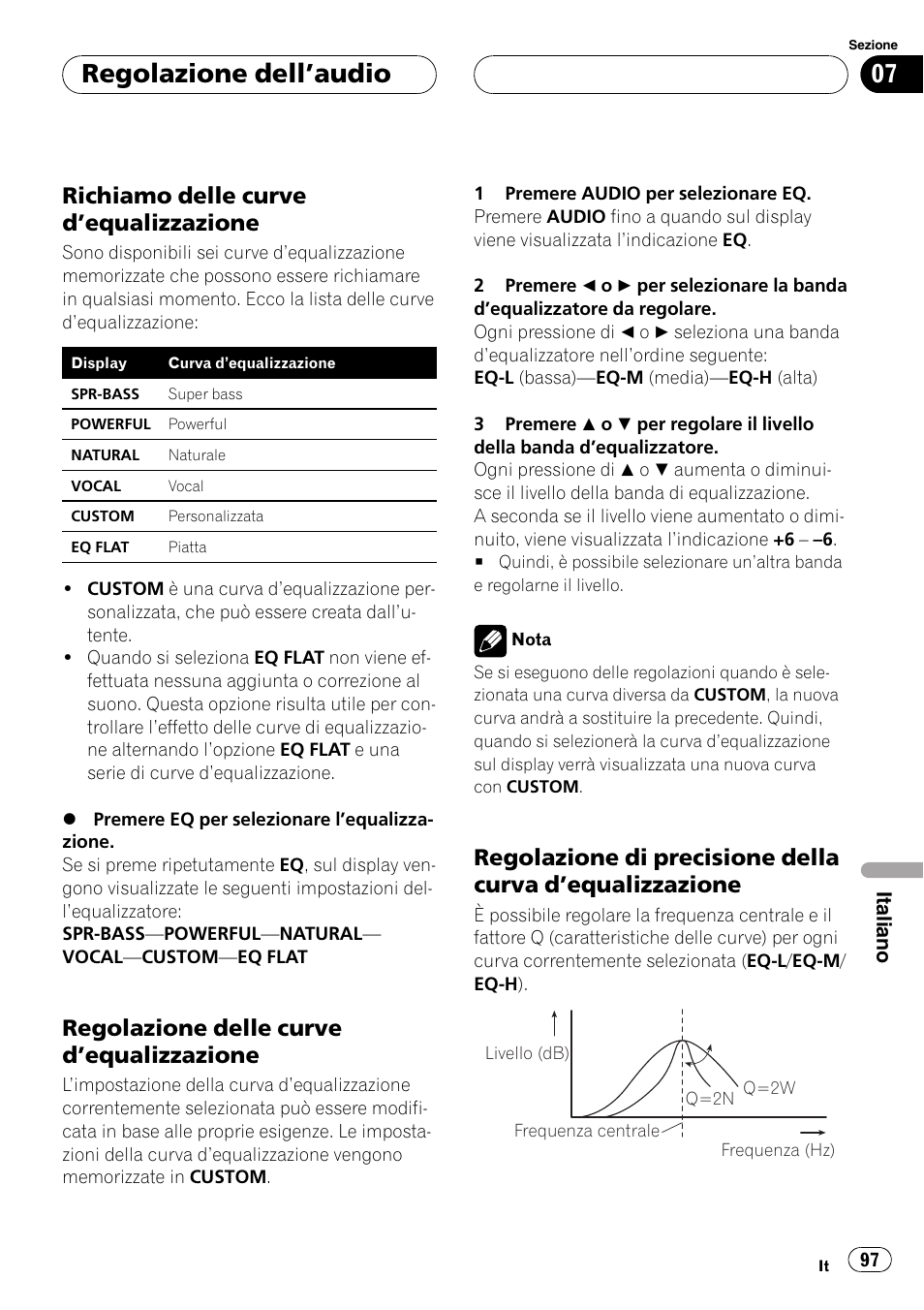 Richiamo delle curve, Dequalizzazione 97, Regolazione delle curve | Regolazione di precisione della curva, Regolazione dellaudio, Richiamo delle curve dequalizzazione, Regolazione delle curve dequalizzazione | Pioneer DEH-1630R User Manual | Page 97 / 125