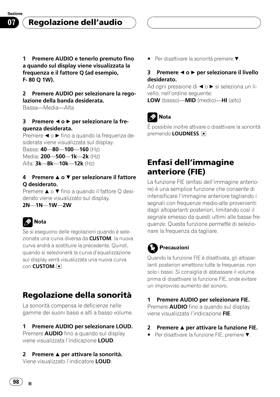 Regolazione della sonorità, Enfasi dellimmagine anteriore (fie), Regolazione dellaudio | Pioneer DEH-1630R User Manual | Page 98 / 125