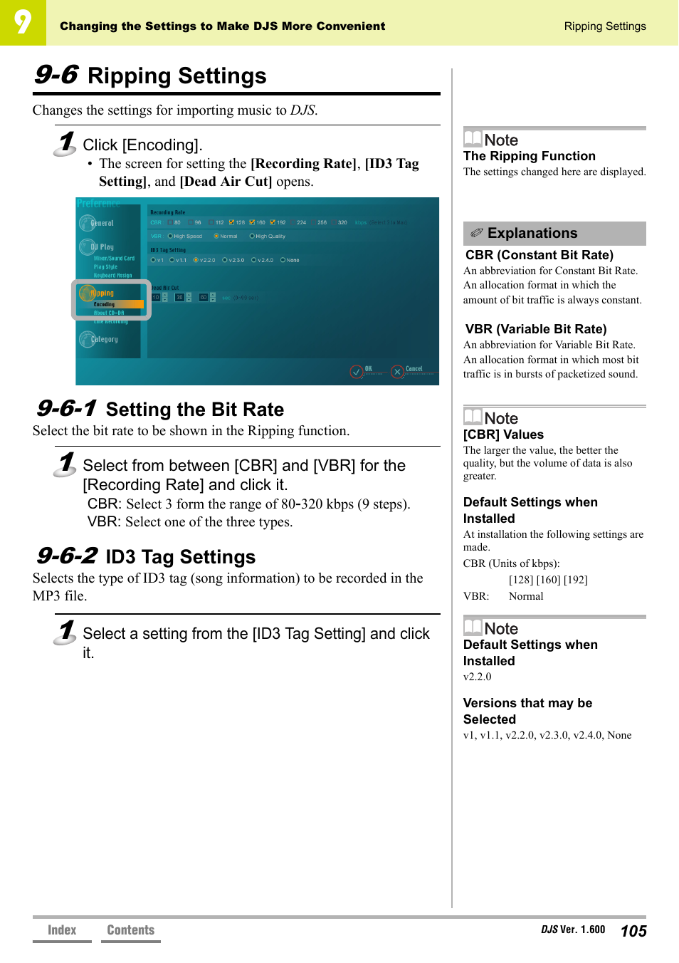 6 ripping settings, 6-1 setting the bit rate, 6-2 id3 tag settings | Ripping settings, Setting the bit rate, Id3 tag settings, 6-1 setting the bit rate’ p.105 | Pioneer SVJ-DL01 User Manual | Page 105 / 156