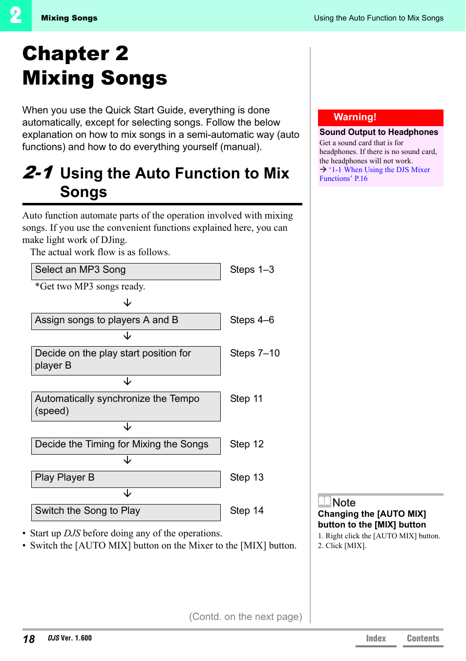 Chapter 2 mixing songs, 1 using the auto function to mix songs, Using the auto function to mix songs | Pioneer SVJ-DL01 User Manual | Page 18 / 156