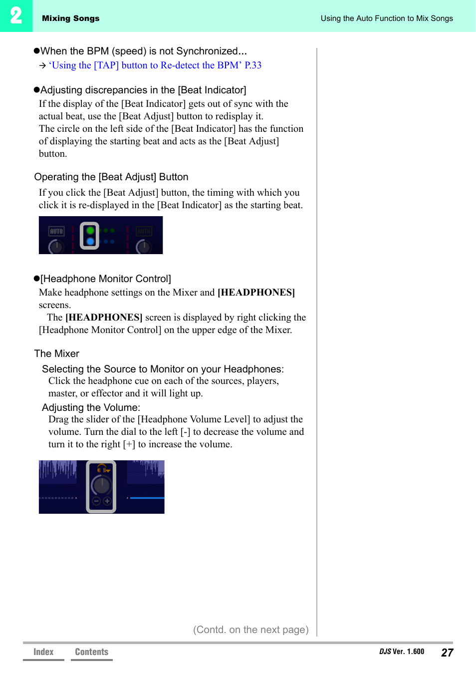 Headphone monitor, Control]’ p.27, Operating the [beat adjust] button | P.27, Headphone monitor control]’ p.27, Adjusting discrepancies in the [beat, Indicator]’ p.27 | Pioneer SVJ-DL01 User Manual | Page 27 / 156