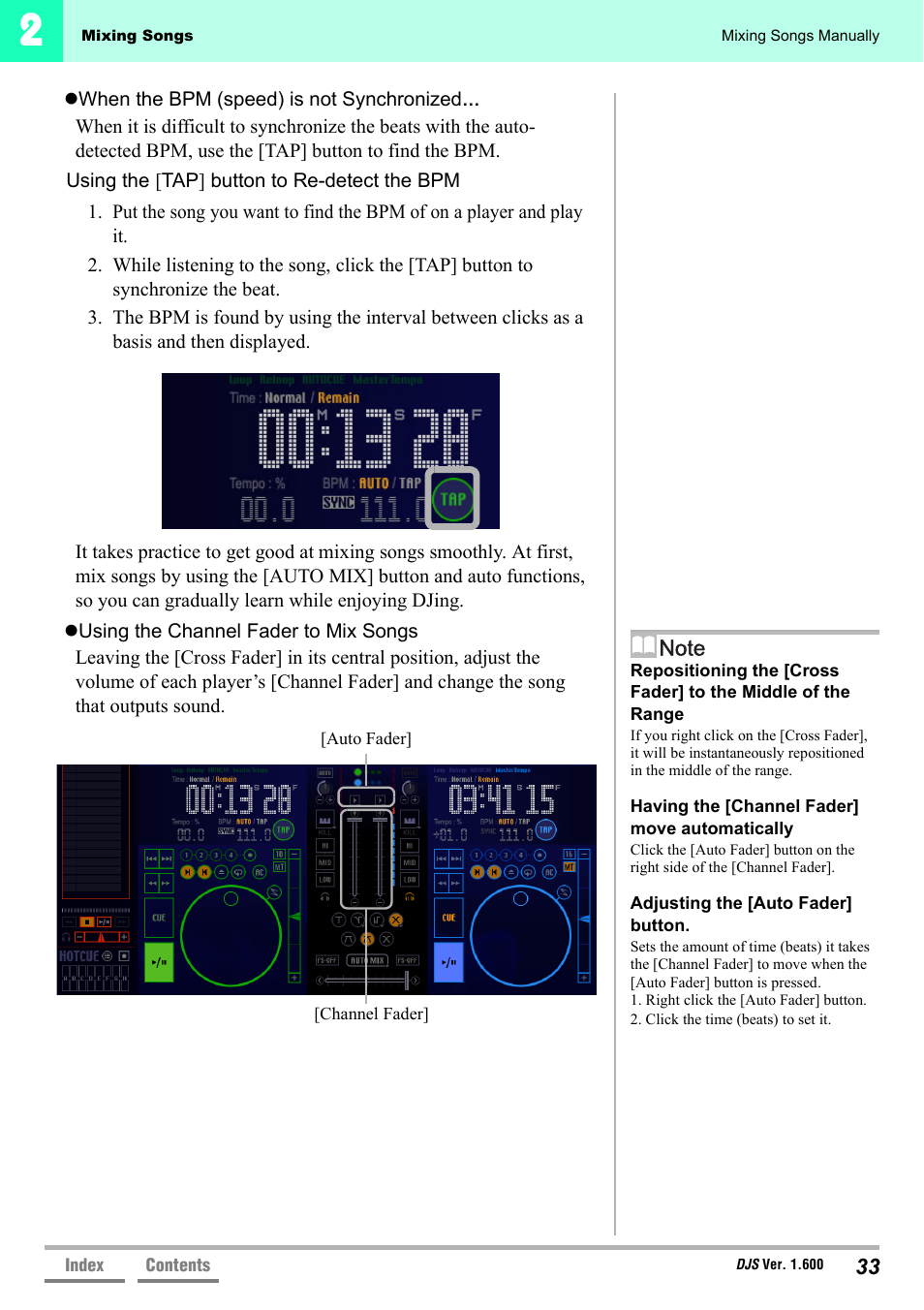 Using the [tap] button to re-detect, The bpm’ p.33, Using the channel fader to mix | Songs’ p.33 | Pioneer SVJ-DL01 User Manual | Page 33 / 156