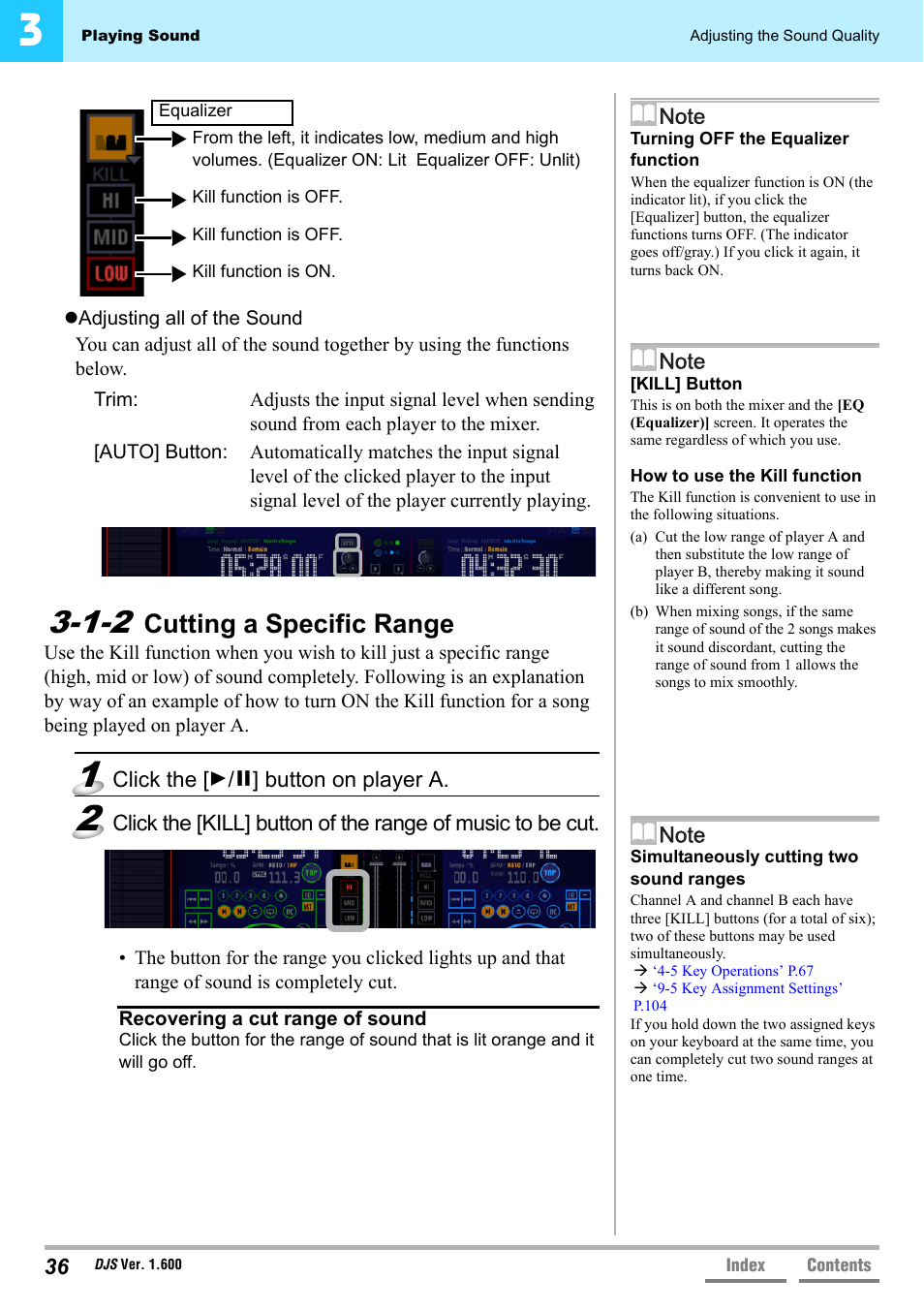 1-2 cutting a specific range, Cutting a specific range, Adjusting all of the sound’ p.36 | P.36 | Pioneer SVJ-DL01 User Manual | Page 36 / 156