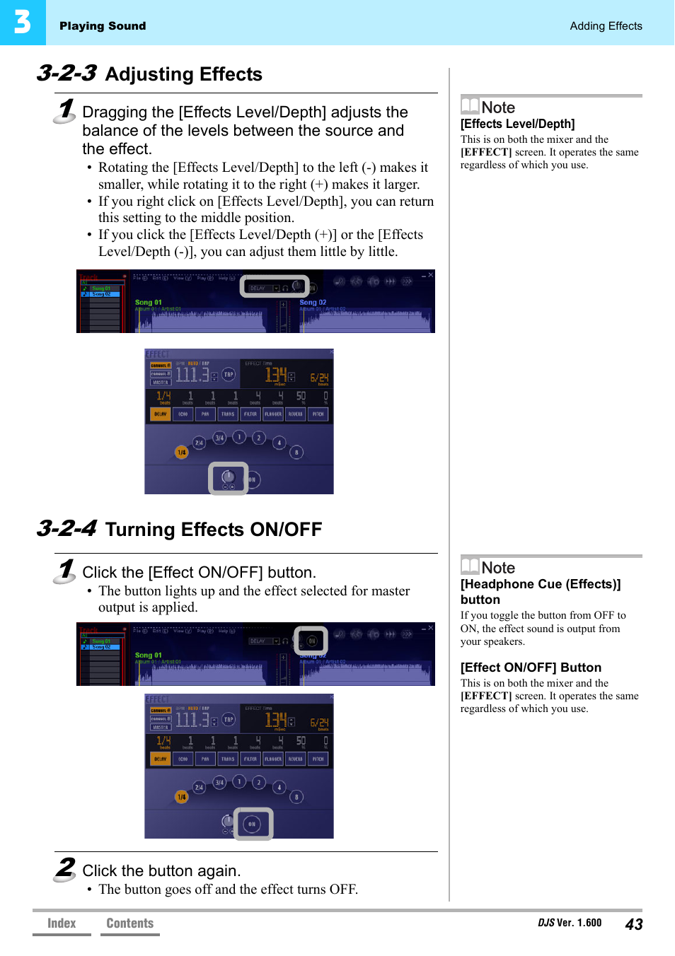 2-3 adjusting effects, 2-4 turning effects on/off, Adjusting effects | Turning effects on/off | Pioneer SVJ-DL01 User Manual | Page 43 / 156