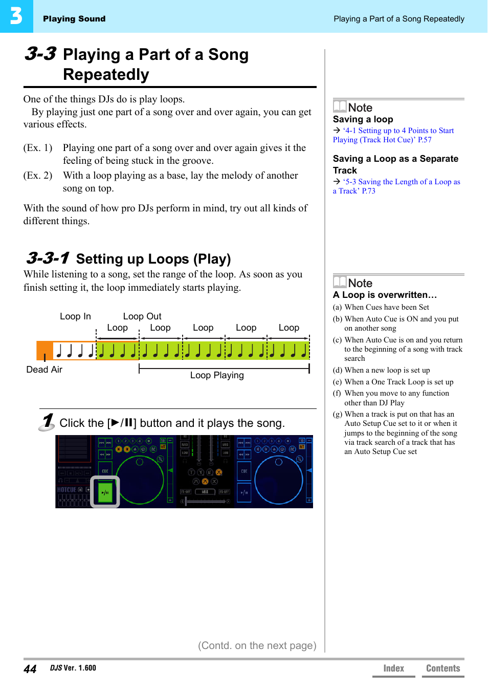3 playing a part of a song repeatedly, 3-1 setting up loops (play), Playing a part of a song repeatedly | Setting up loops (play), 3-1 setting up loops (play)’ p.44 | Pioneer SVJ-DL01 User Manual | Page 44 / 156