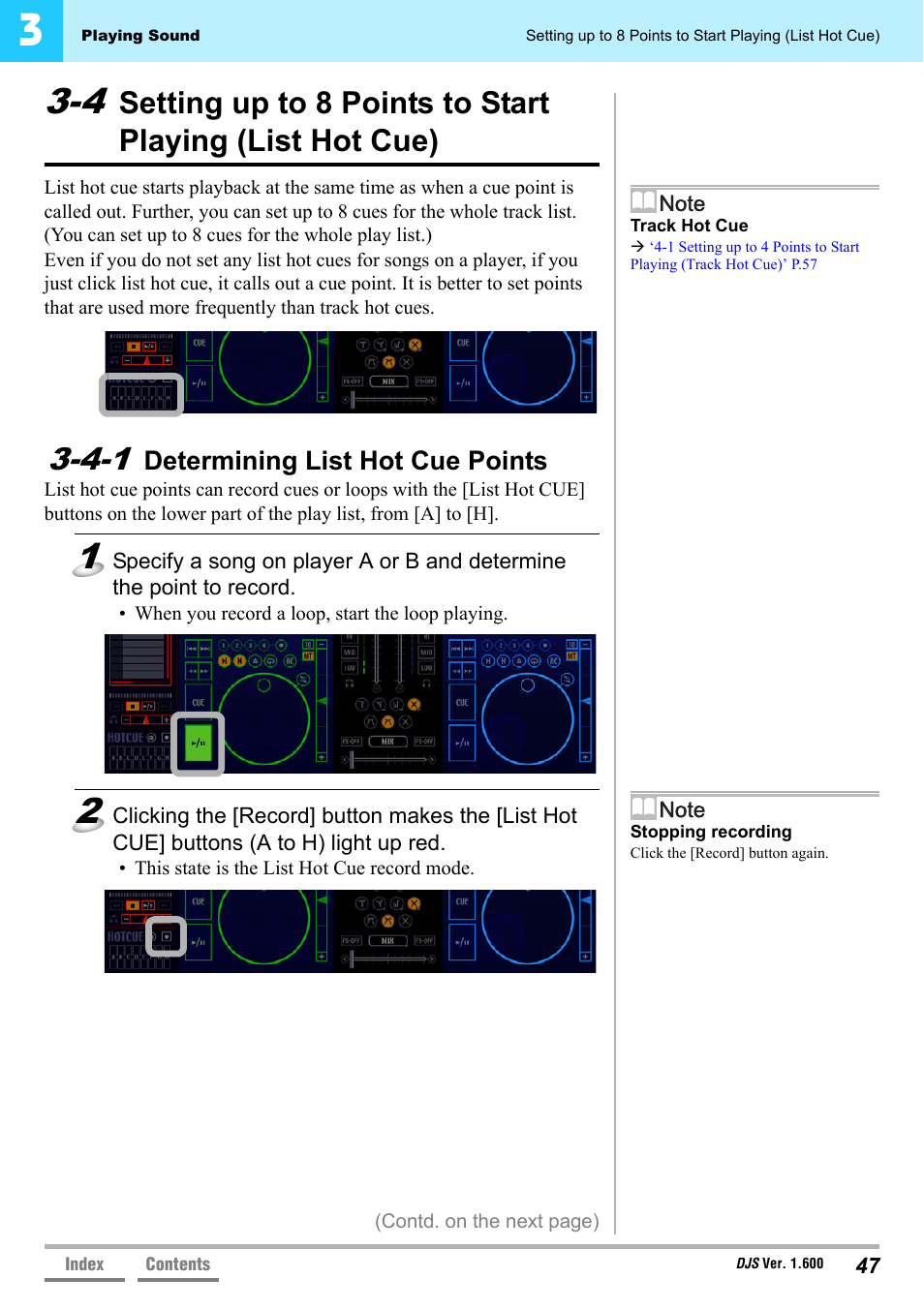 4-1 determining list hot cue points, Determining list hot cue points, 4 setting up to 8 points to start | Playing (list hot cue)’ p.47 | Pioneer SVJ-DL01 User Manual | Page 47 / 156