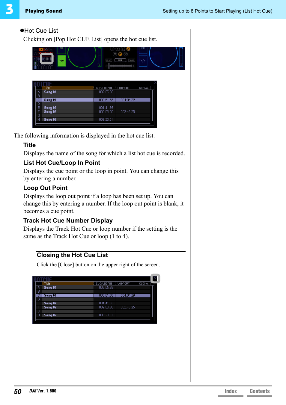 Hot cue list’ p.50 | Pioneer SVJ-DL01 User Manual | Page 50 / 156