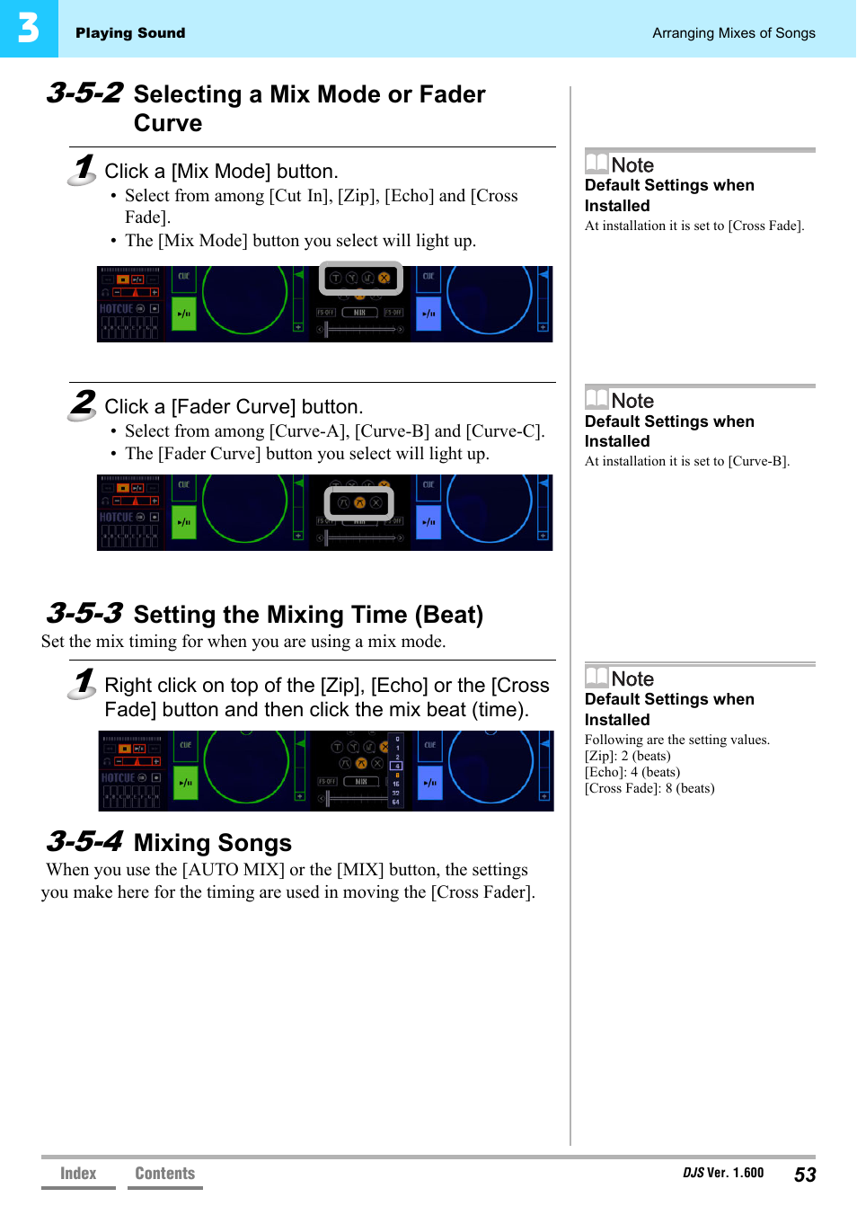 5-2 selecting a mix mode or fader curve, 5-3 setting the mixing time (beat), 5-4 mixing songs | Selecting a mix mode or fader curve, Setting the mixing time (beat), Mixing songs, 5-3 setting the mixing time, Beat)’ p.53 | Pioneer SVJ-DL01 User Manual | Page 53 / 156