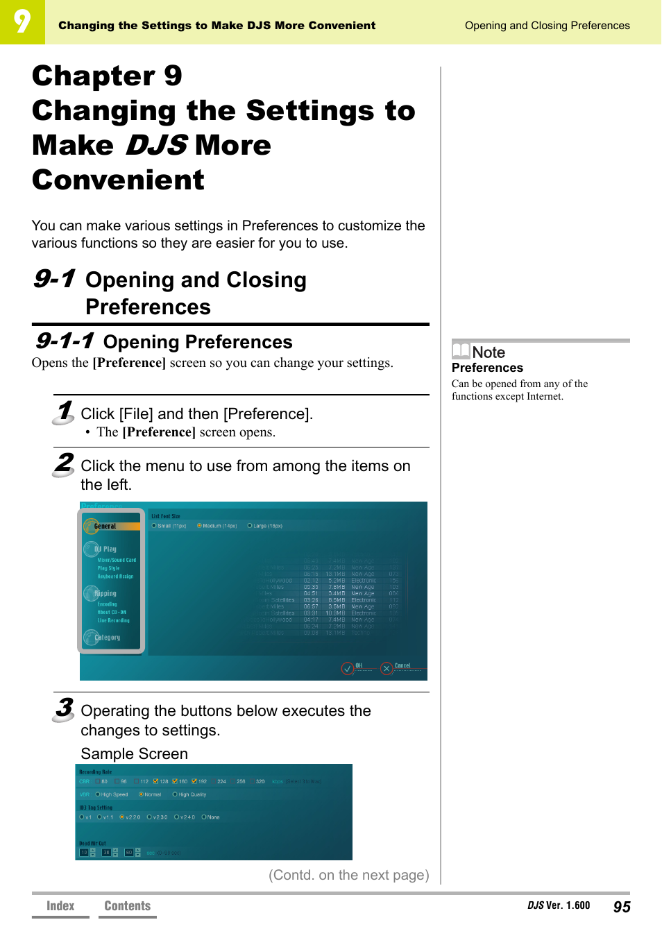 1 opening and closing preferences, 1-1 opening preferences, Chapter 9 changing the settings to make djs | Opening and closing preferences, Opening preferences, Chapter 9 changing the settings to make, More convenient | Pioneer SVJ-DL01 User Manual | Page 95 / 156