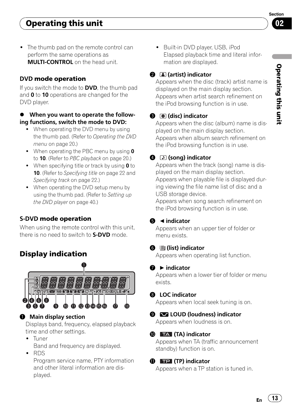 Display indication 13, Operating this unit, Display indication | Pioneer DVH-P4100UB User Manual | Page 13 / 81