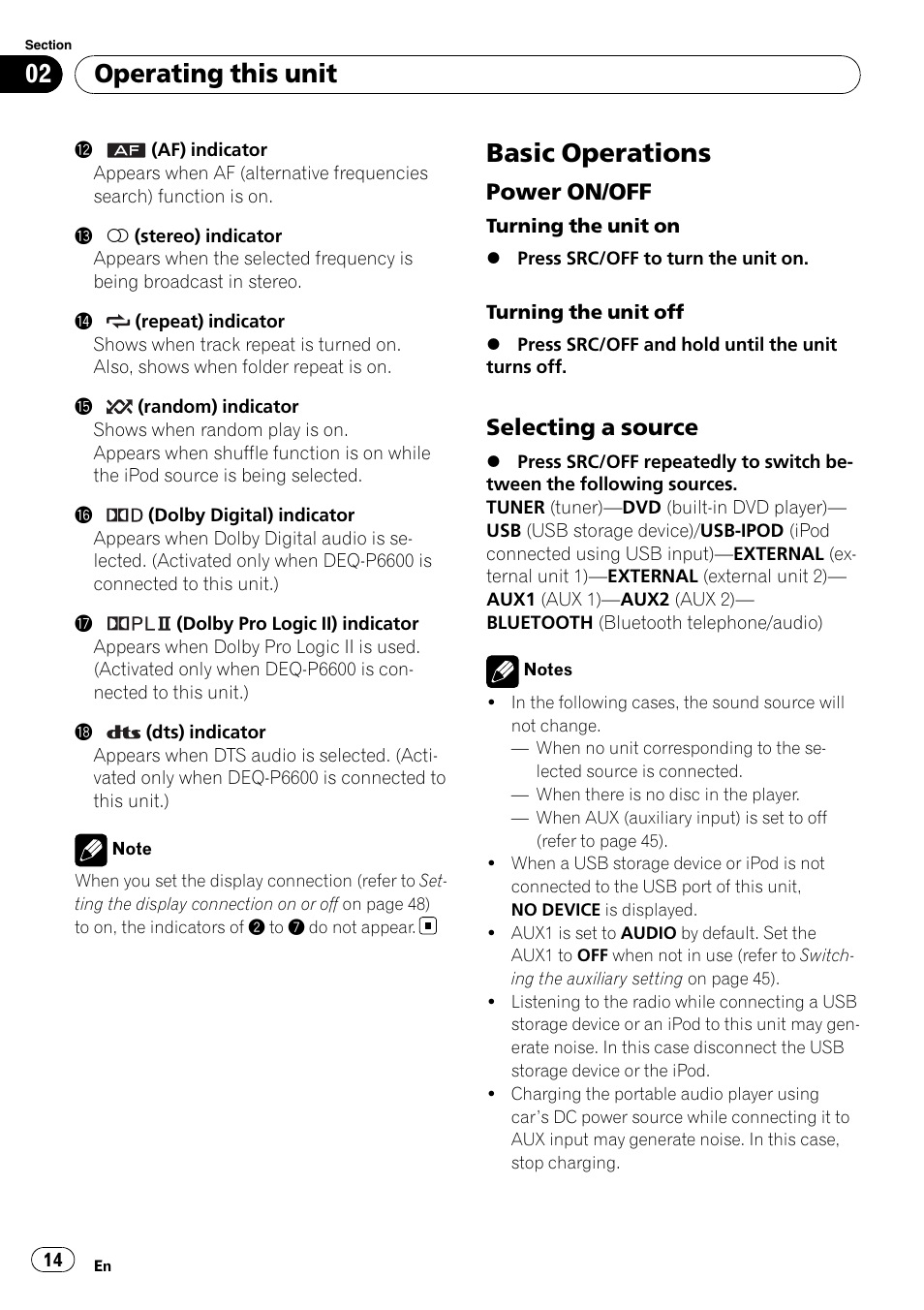 Basic operations, Power on/off 14, Selecting a source 14 | Operating this unit, Power on/off, Selecting a source | Pioneer DVH-P4100UB User Manual | Page 14 / 81