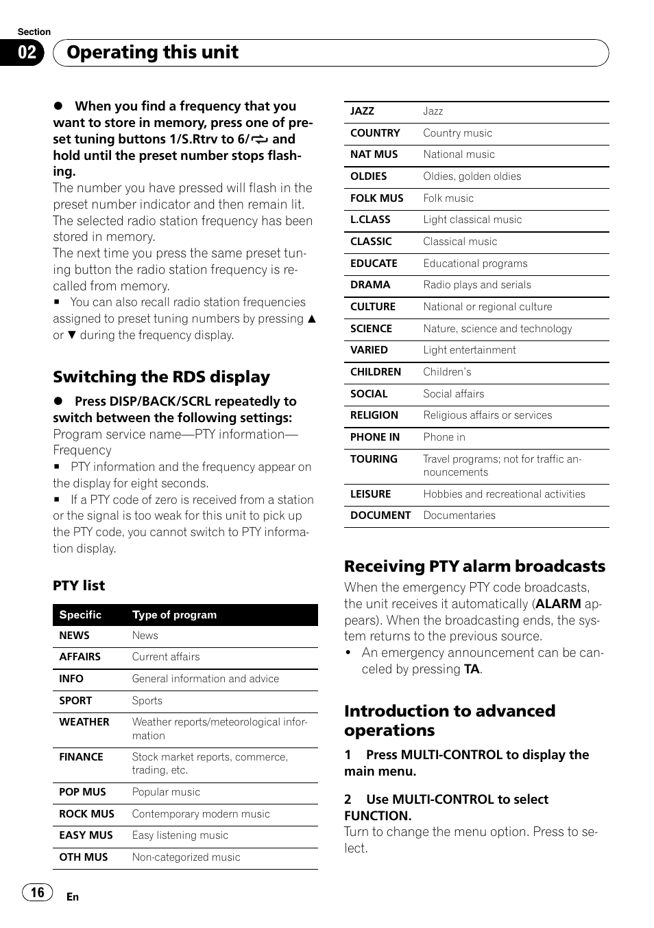 Switching the rds display 16, Receiving pty alarm broadcasts 16, Introduction to advanced | Operations, Operating this unit, Switching the rds display, Receiving pty alarm broadcasts, Introduction to advanced operations, Pty list | Pioneer DVH-P4100UB User Manual | Page 16 / 81