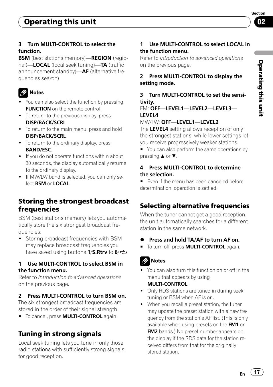 Storing the strongest broadcast, Frequencies, Tuning in strong signals 17 | Selecting alternative frequencies 17, Operating this unit, Storing the strongest broadcast frequencies, Tuning in strong signals, Selecting alternative frequencies | Pioneer DVH-P4100UB User Manual | Page 17 / 81