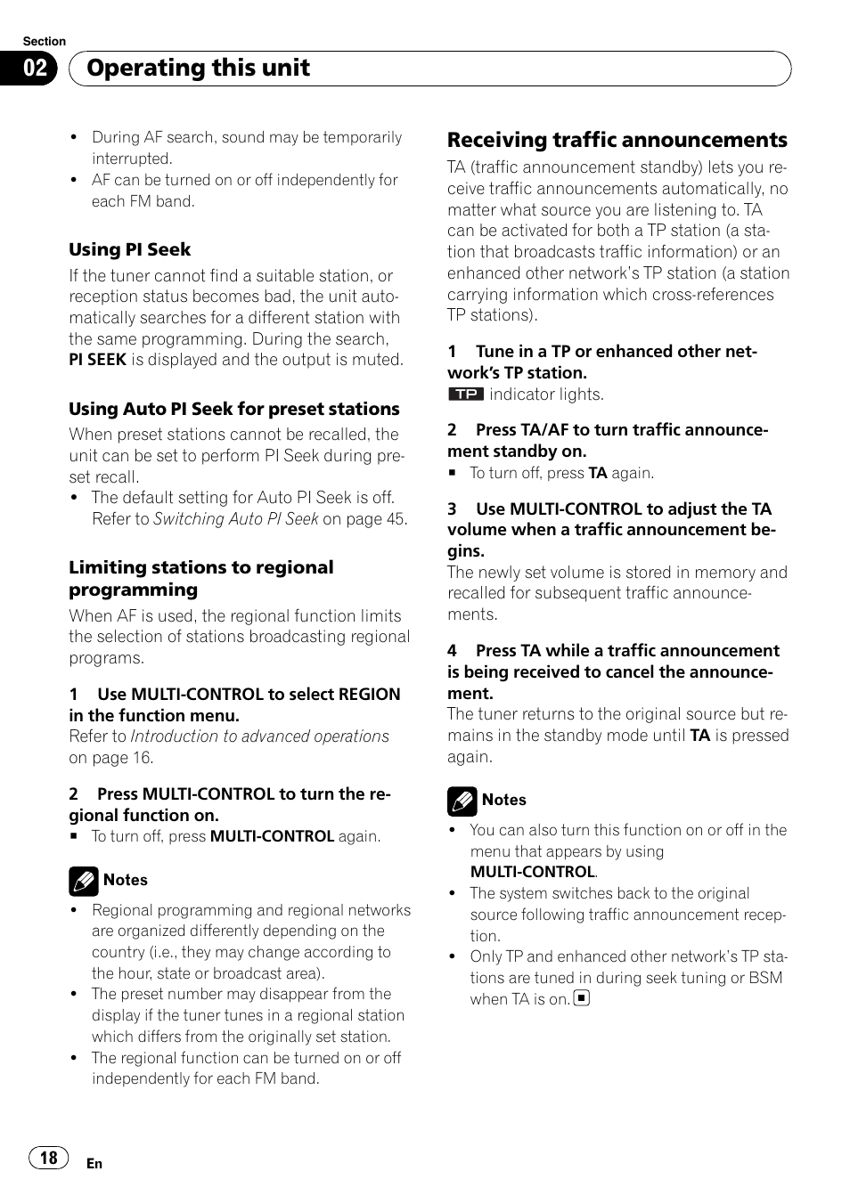 Receiving traffic announcements 18, Operating this unit, Receiving traffic announcements | Pioneer DVH-P4100UB User Manual | Page 18 / 81