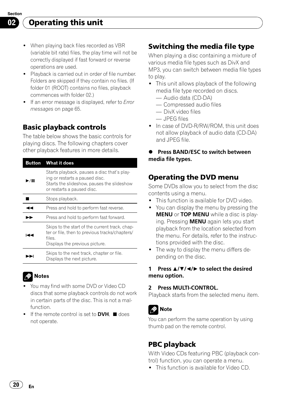 Basic playback controls 20, Switching the media file type 20, Operating the dvd menu 20 | Pbc playback 20, Operating this unit, Basic playback controls, Switching the media file type, Operating the dvd menu, Pbc playback | Pioneer DVH-P4100UB User Manual | Page 20 / 81