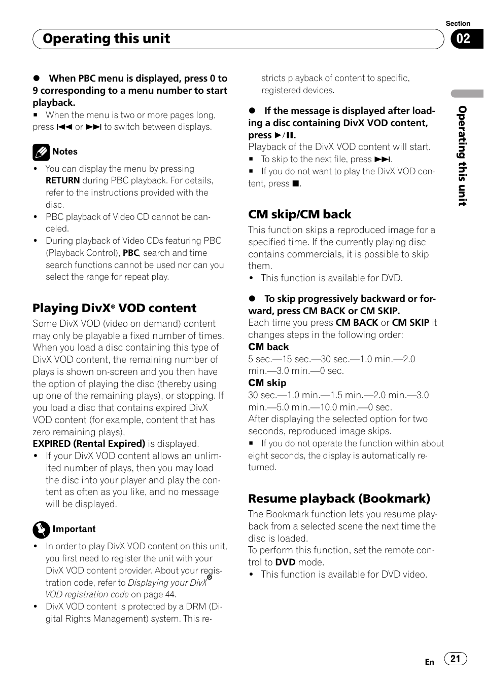 Playing divx® vod content 21, Cm skip/cm back 21, Resume playback (bookmark) 21 | Operating this unit, Playing divx, Vod content, Cm skip/cm back, Resume playback (bookmark) | Pioneer DVH-P4100UB User Manual | Page 21 / 81