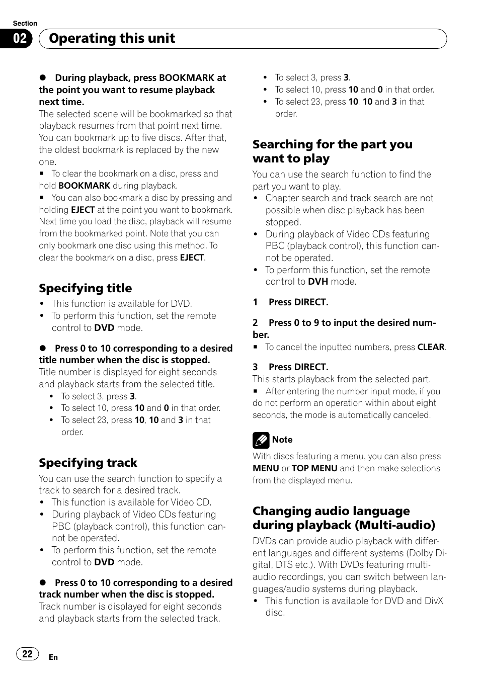 Specifying title 22, Specifying track 22, Searching for the part you want to | Play, Changing audio language during, Playback (multi-audio), Operating this unit, Specifying title, Specifying track, Searching for the part you want to play | Pioneer DVH-P4100UB User Manual | Page 22 / 81