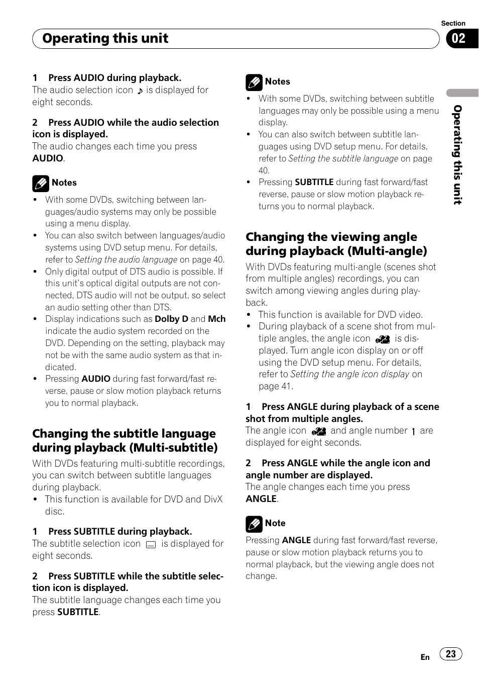 Changing the subtitle language during, Playback (multi-subtitle), Changing the viewing angle during | Playback (multi-angle), Operating this unit | Pioneer DVH-P4100UB User Manual | Page 23 / 81