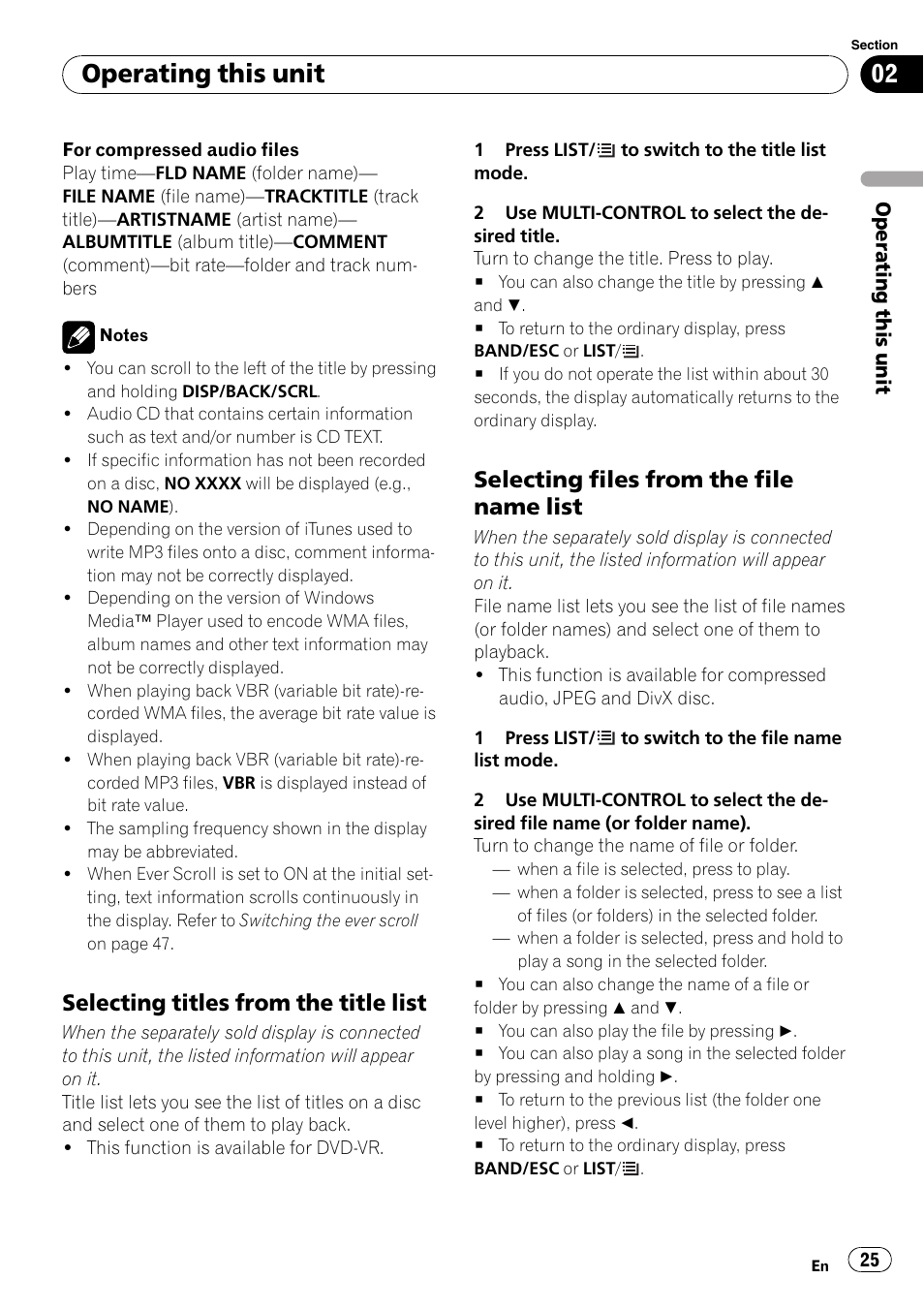 Selecting titles from the title list 25, Selecting files from the file name, List | Operating this unit, Selecting titles from the title list, Selecting files from the file name list | Pioneer DVH-P4100UB User Manual | Page 25 / 81