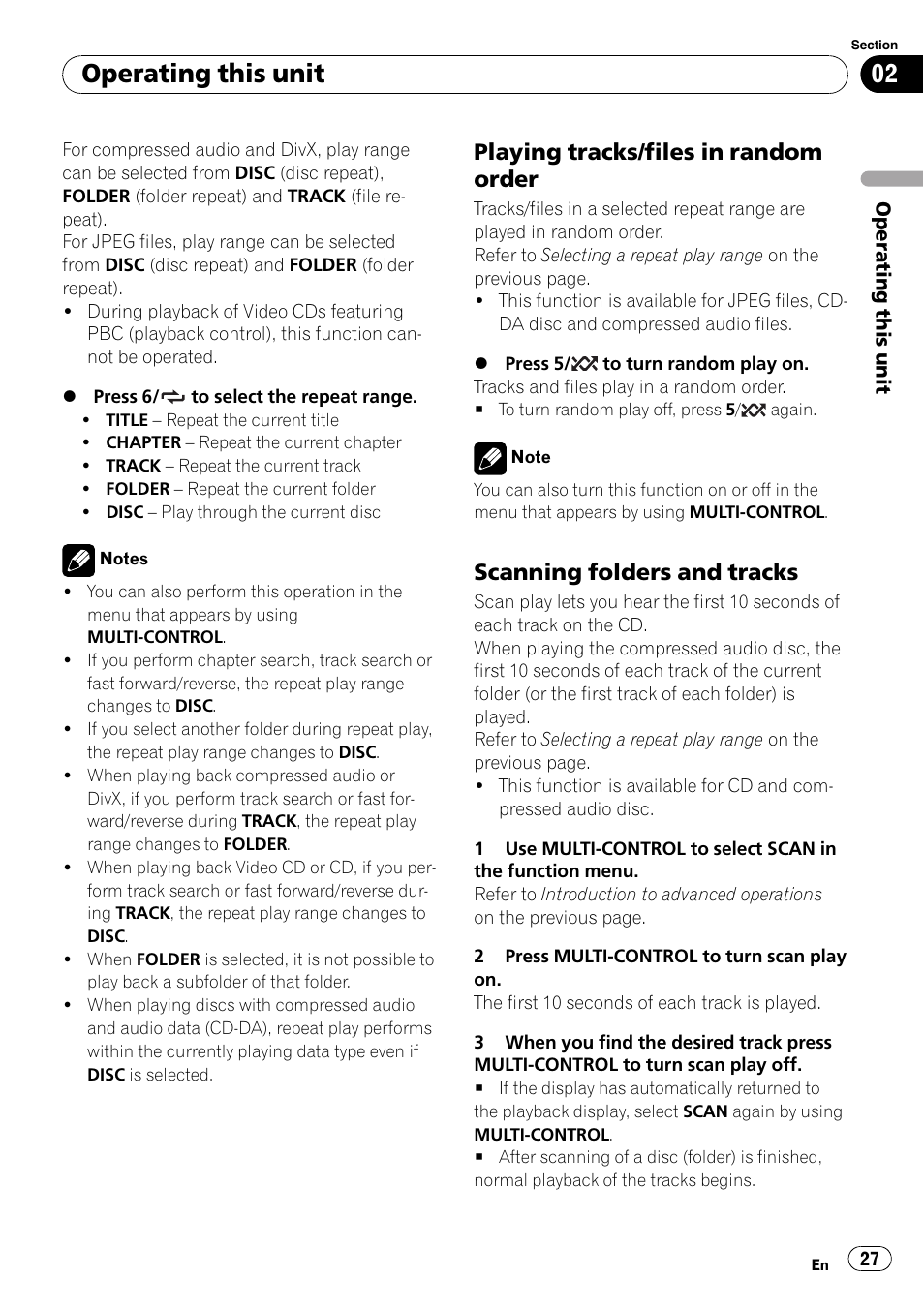 Playing tracks/files in random, Order, Scanning folders and tracks 27 | Operating this unit, Playing tracks/files in random order, Scanning folders and tracks | Pioneer DVH-P4100UB User Manual | Page 27 / 81