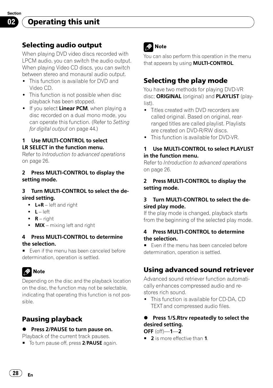 Selecting audio output 28, Pausing playback 28, Selecting the play mode 28 | Using advanced sound retriever 28, Operating this unit, Selecting audio output, Pausing playback, Selecting the play mode, Using advanced sound retriever | Pioneer DVH-P4100UB User Manual | Page 28 / 81