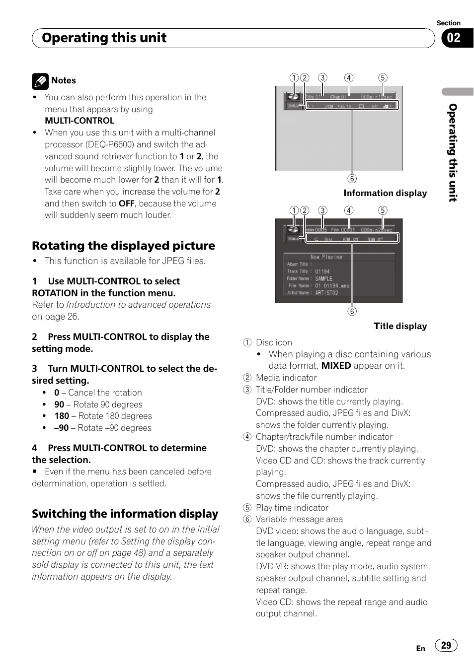 Rotating the displayed picture 29, Switching the information display 29, Operating this unit | Rotating the displayed picture, Switching the information display | Pioneer DVH-P4100UB User Manual | Page 29 / 81