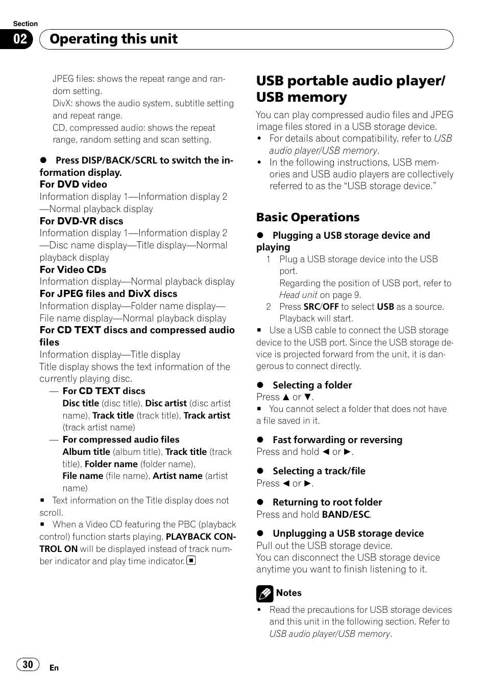 Usb portable audio player/usb memory, Basic operations 30, Operating this unit | Basic operations | Pioneer DVH-P4100UB User Manual | Page 30 / 81