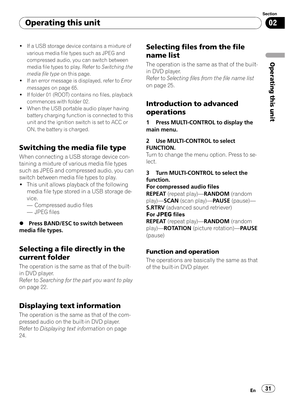 Switching the media file type 31, Selecting a file directly in the current, Folder | Displaying text information 31, Selecting files from the file name, List, Introduction to advanced, Operations, Operating this unit | Pioneer DVH-P4100UB User Manual | Page 31 / 81