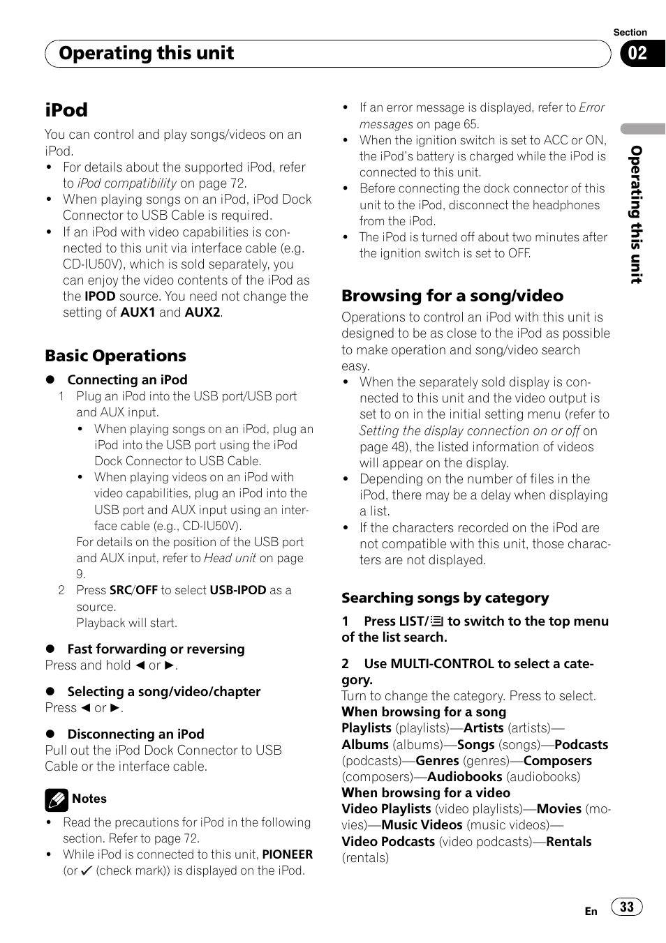 Ipod, Basic operations 33, Browsing for a song/video 33 | Operating this unit, Basic operations, Browsing for a song/video | Pioneer DVH-P4100UB User Manual | Page 33 / 81