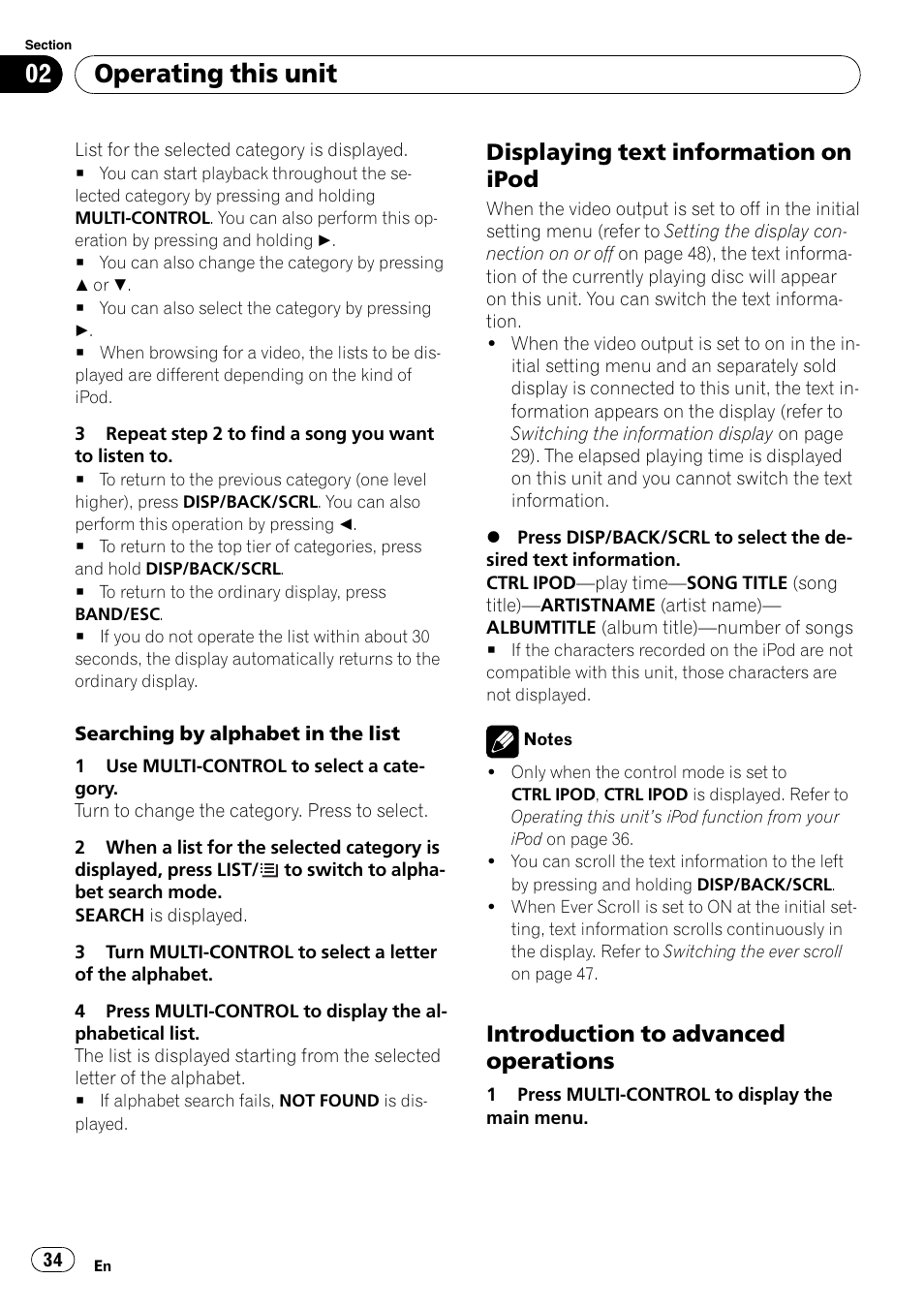 Displaying text information on, Ipod, Introduction to advanced | Operations, Operating this unit, Displaying text information on ipod, Introduction to advanced operations | Pioneer DVH-P4100UB User Manual | Page 34 / 81