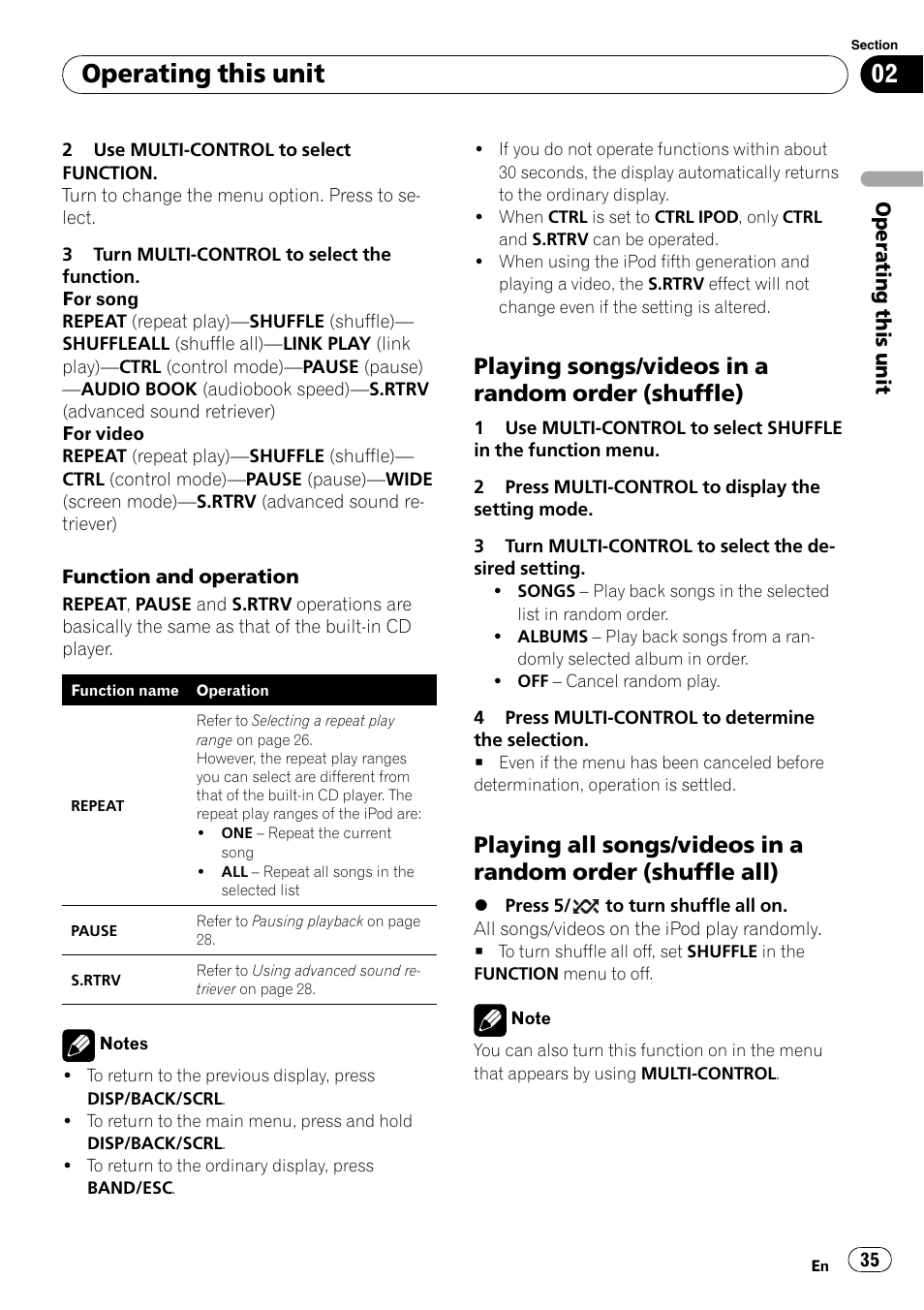 Playing songs/videos in a random order, Shuffle), Playing all songs/videos in a random | Order (shuffle all), Operating this unit, Playing songs/videos in a random order (shuffle) | Pioneer DVH-P4100UB User Manual | Page 35 / 81