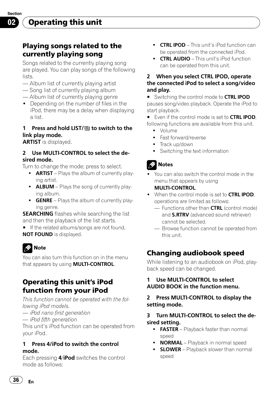 Playing songs related to the currently, Playing song, Operating this unit’s ipod function | From your ipod, Changing audiobook speed 36, Operating this unit, S ipod function from your, Changing audiobook speed | Pioneer DVH-P4100UB User Manual | Page 36 / 81